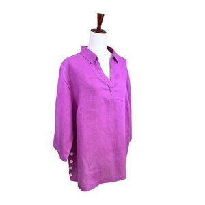Tahari Shirt Womens XL Linen Pullover Long Sleeve Blouse Purple Buttons